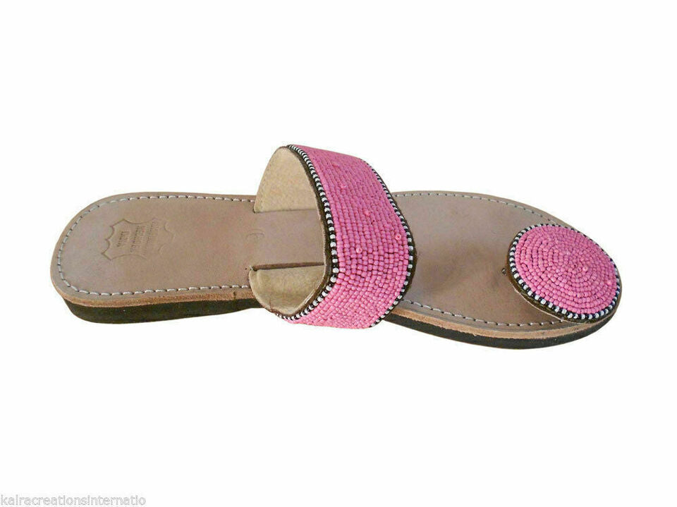 Women Slippers Indian Jutties Ethnic Handmade Cream With Pink Mojaries Beaded Slip-Ons Flip-Flops Flat US 6-9