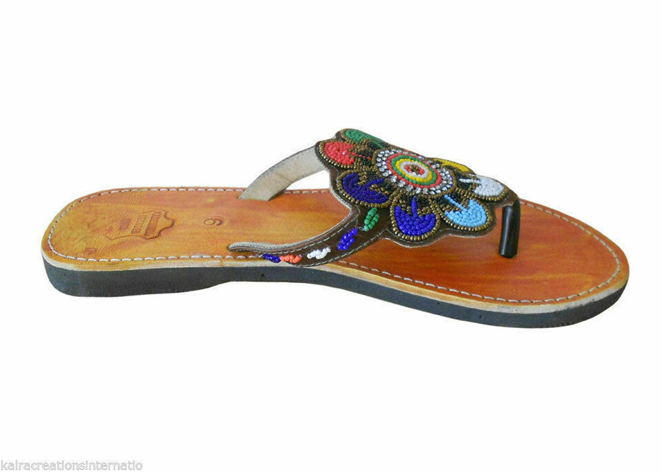 Women Slippers Traditional Beaded Leather Mojaries Slip-Ons Indian Jutties Flip-Flops Flat US 8/10