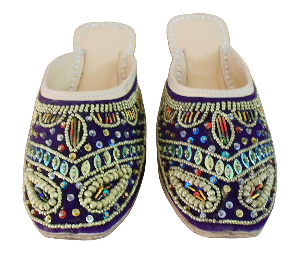 Women Slippers Indian Punjabi Mojaries Traditional Leather Jutties Purple Clogs Flip-Flops Flat US 6-9