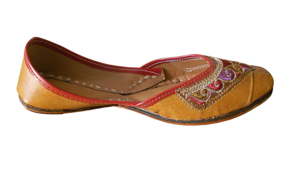 By Kalra Creations Women Shoes Indian Handmade Leather Wedding Khussa Loafers Brown Jutties Flip-Flops Flat US 6.5-8.5