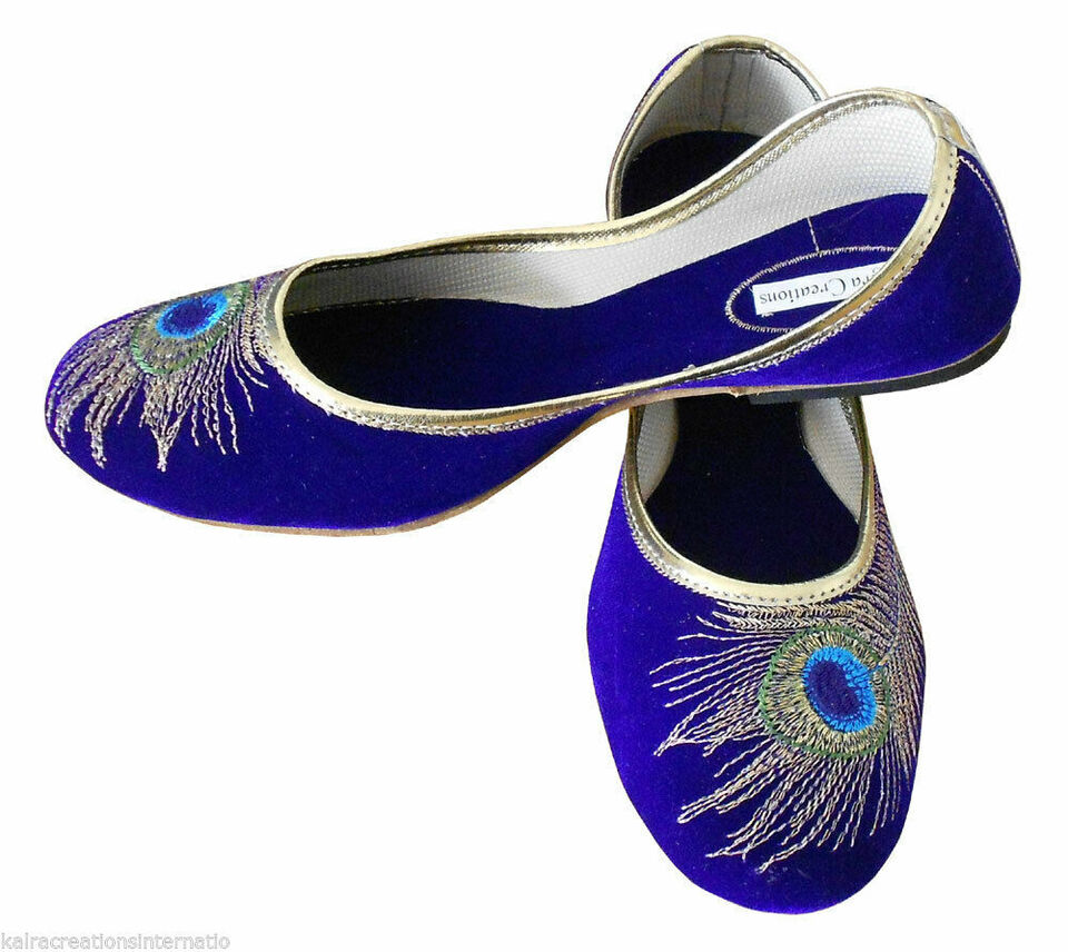 By Kalra Creations Women Shoes Indian Khussa Ethnic Jutties Handmade Blue Mojaries Peacock Print Flip-Flops US 5-10