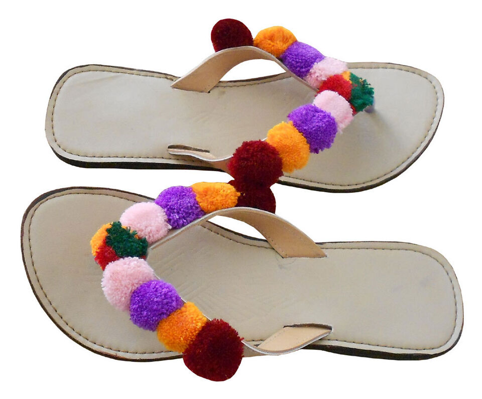 Women Slippers Indian Handmade Leather Mojaries Traditional Cream Jutties Flip-Flops US 5-8.5