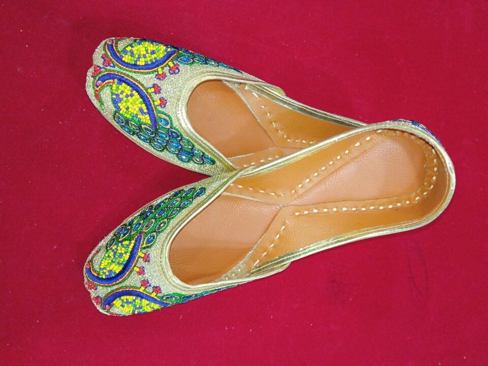 Women Shoes Indian Traditional Mojaries Handmade Khussa Leather Jutties Flip-Flops Flat US 8