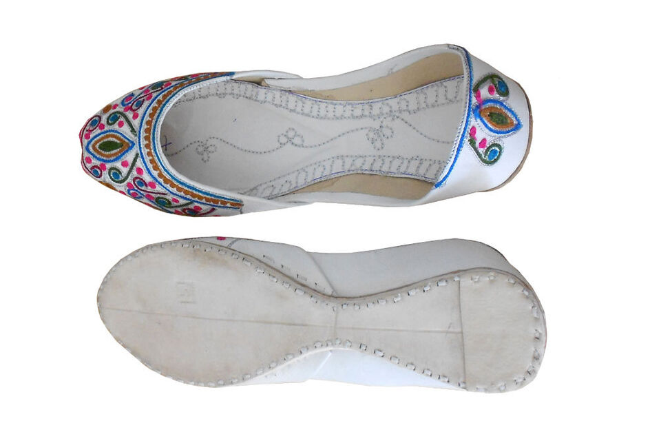 Women Shoes Indian Traditional Handmade Jutties Designer White Ballet Mojaries Flip-Flops Flat US 6