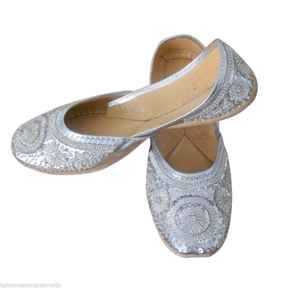 Women Shoes Indian Handmade Leather Jutties Wedding Mojaries Sliver Flip-Flops Flat US 4-12