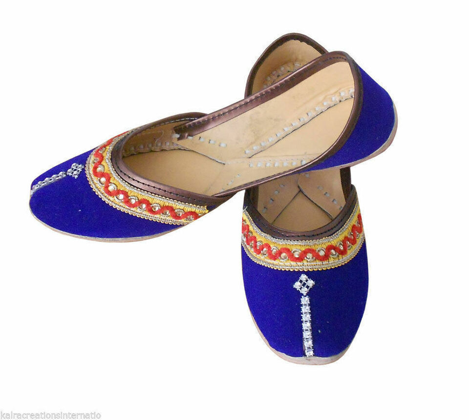 Women Shoes Indian Handmade Jutties Leather Blue Ballerinas Flat Mojaries Flip-Flops US 5/6