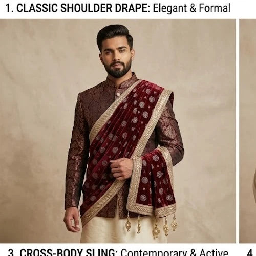 Groom Sherwani Dupatta Red Velvet Wedding Stole