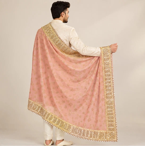 Groom Sherwani Dupatta Peach Silk Wedding Stole
