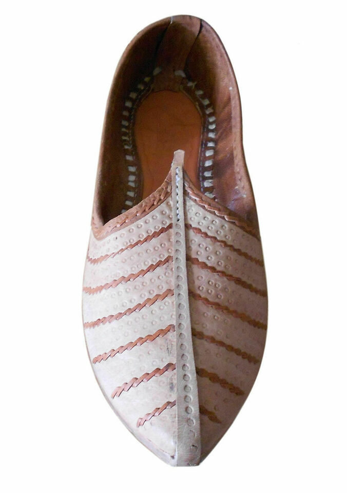 Women Shoes Indian Handmade Unisex Mojaries Leather Cream Jutties Flip-Flops Flat US 7-8