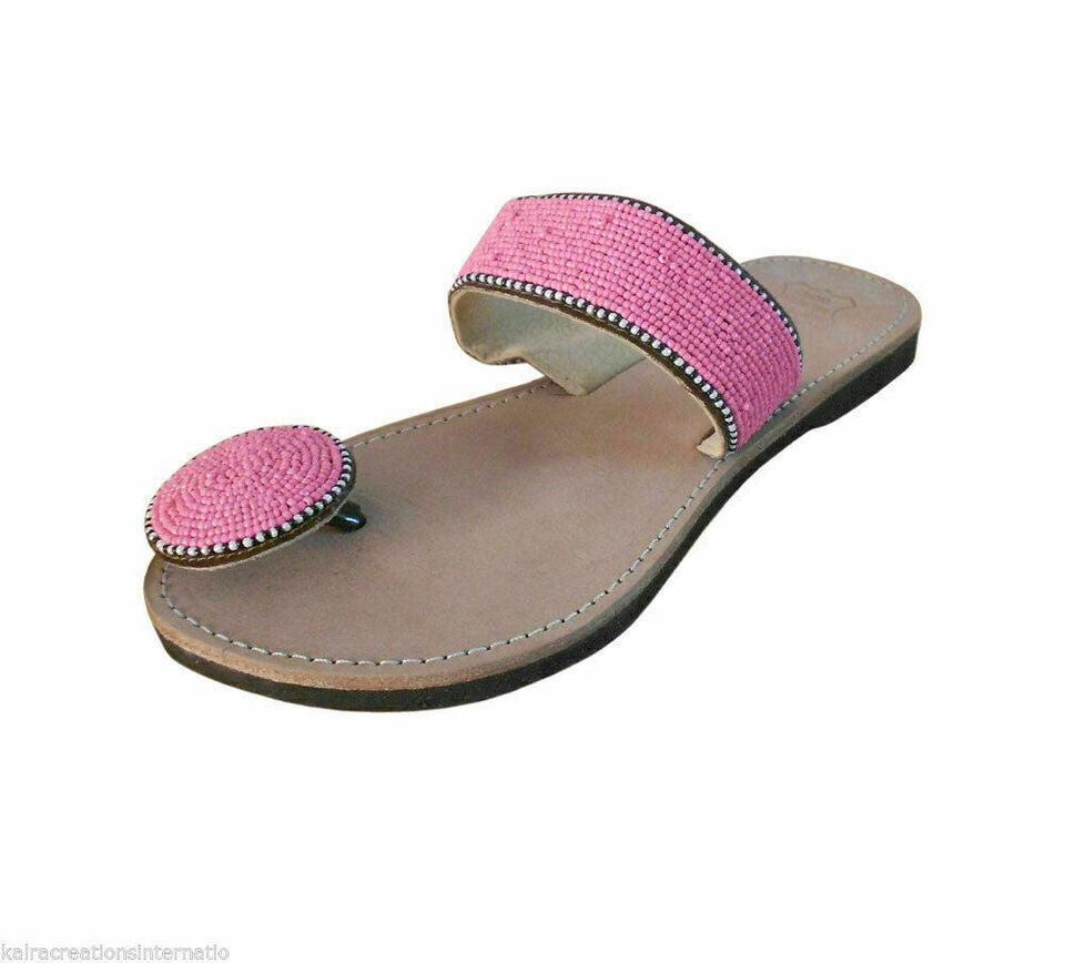 Women Slippers Indian Jutties Ethnic Handmade Cream With Pink Mojaries Beaded Slip-Ons Flip-Flops Flat US 6-9