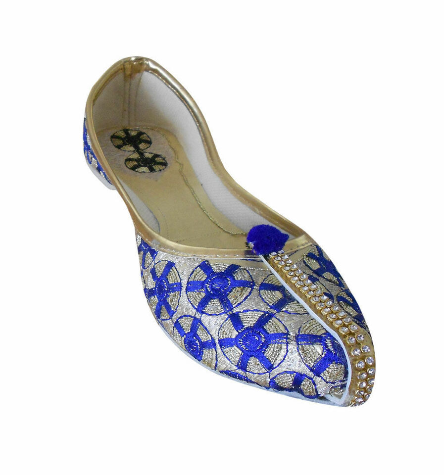 Women Shoes Indian Wedding Jutties Golden & Blue Pointy Mojaries Flip-Flops Flat US 5-7
