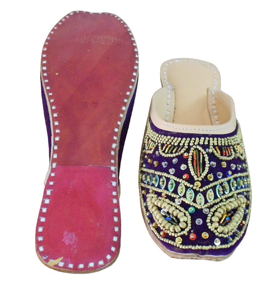 Women Slippers Indian Punjabi Mojaries Traditional Leather Jutties Purple Clogs Flip-Flops Flat US 6-9