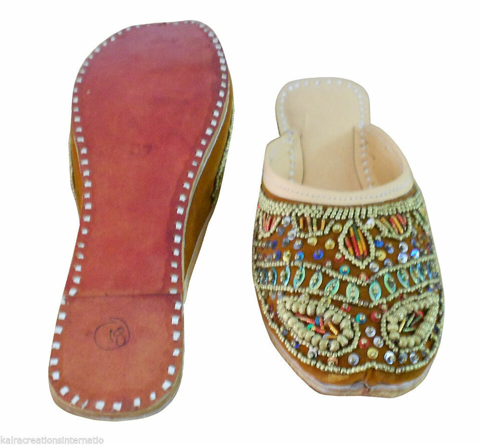 Women Slippers Indian Handmade Jutties Traditional Clogs Brown Mojaries Flip-Flops Flat US 7