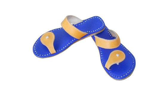 By Kalra Creations Women Slippers Indian Handmade Leather Mojaries Traditional Blue Jutties Flip-Flops Flat US 4