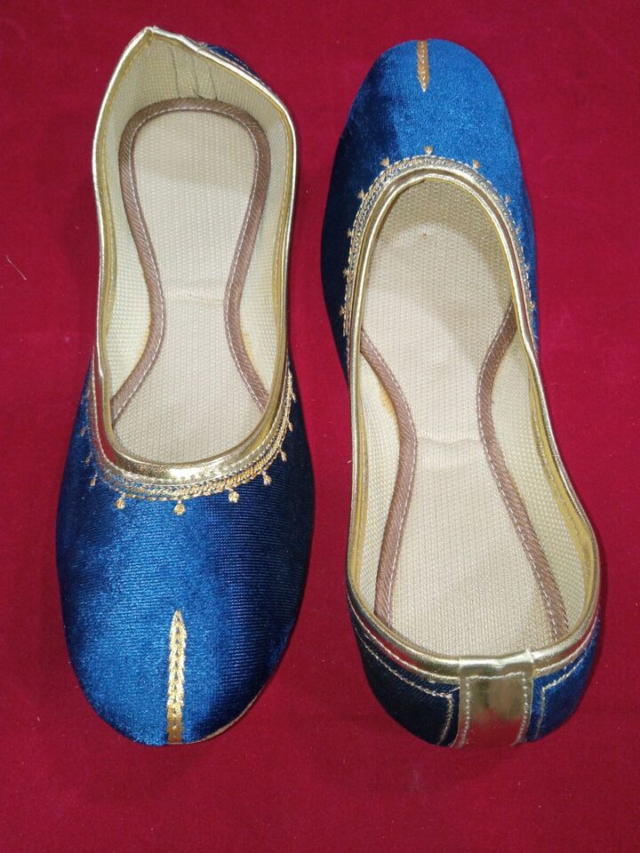 Women Shoes Indian Jutties Handmade Velvet Leather Casual Mojaries Sky Blue Flip-Flops Flat US 6-10