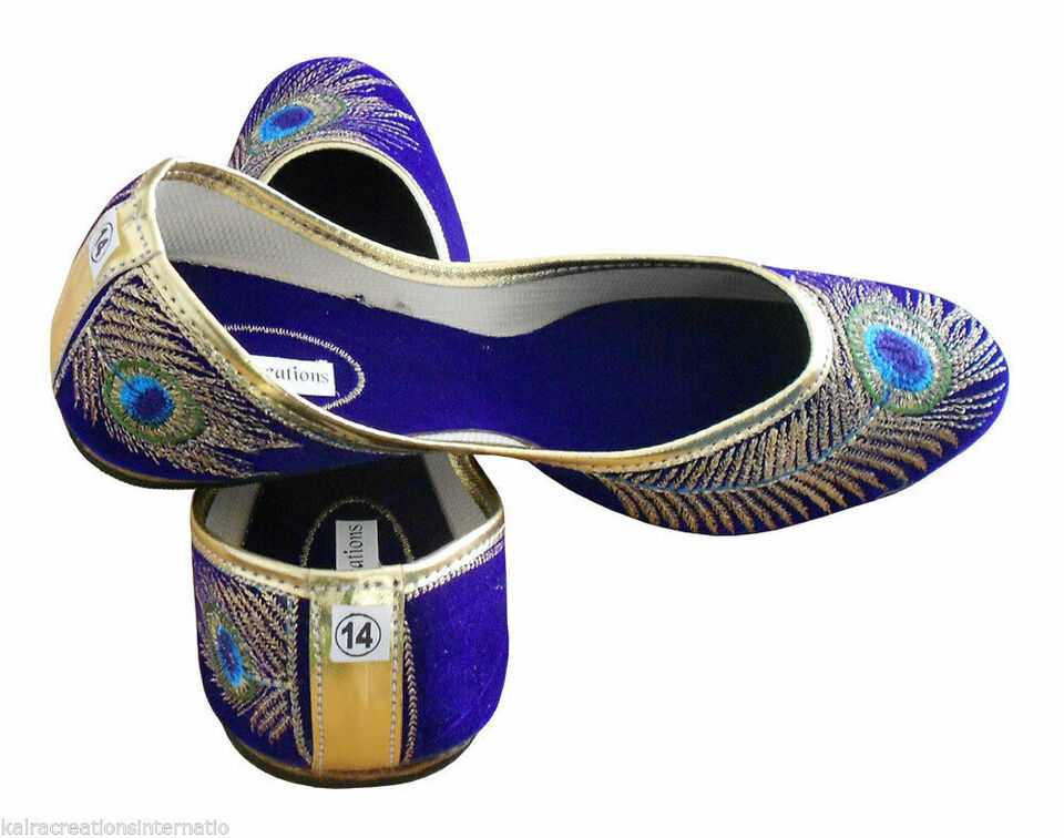 By Kalra Creations Women Shoes Indian Khussa Ethnic Jutties Handmade Blue Mojaries Peacock Print Flip-Flops US 5-10
