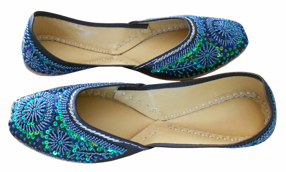 Women Shoes Party Indian Handmade Black & Green Jutties Leather Mojaries Flip-Flops Flat US 6