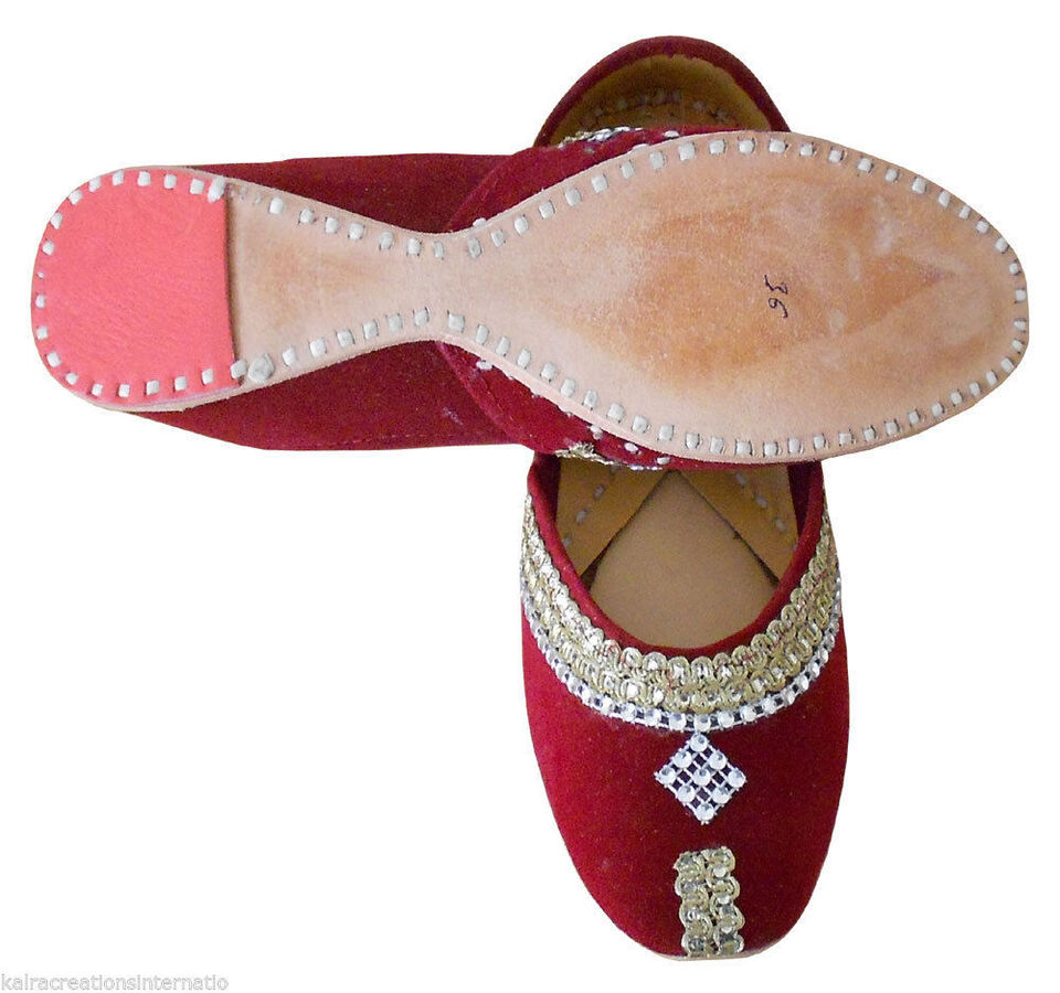 Women Shoes Indian Handmade Jutties Traditional Leather Mojaries Ballerinas Maroon Flip-Flops Flat US 4