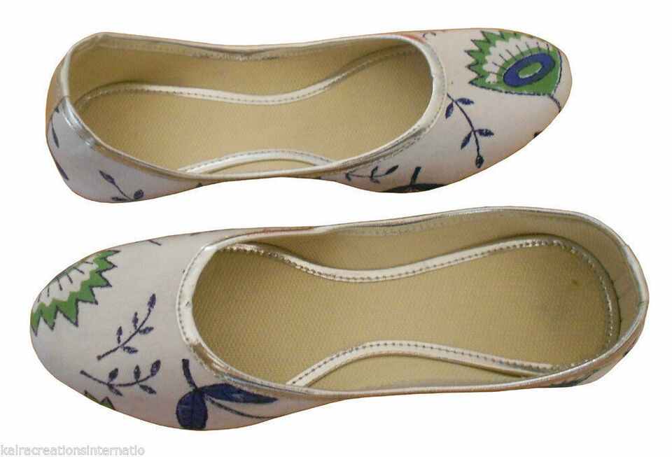 Women Shoes Wedding Indian Jutties Handmade Traditional White Leather Mojaries Flip-Flops Flat US 5/6