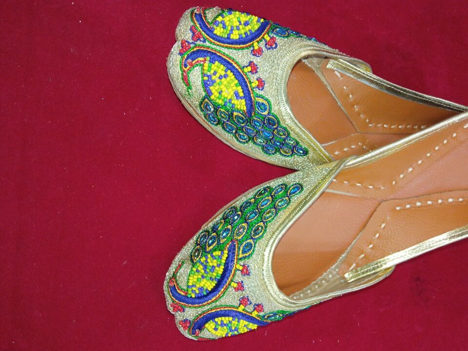 Women Shoes Indian Traditional Mojaries Handmade Khussa Leather Jutties Flip-Flops Flat US 8