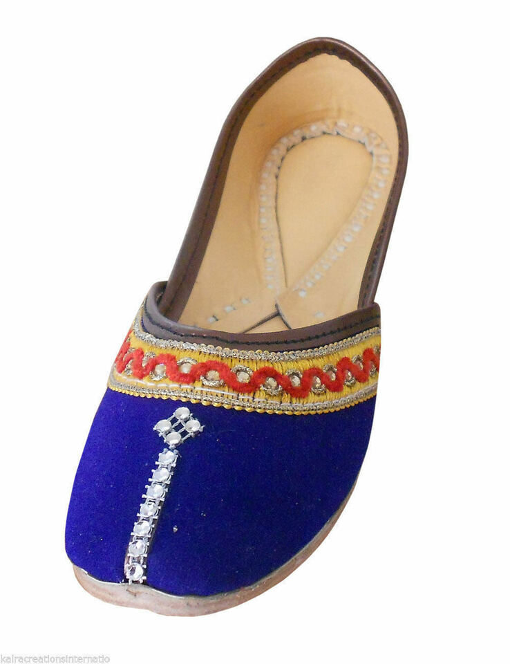 Women Shoes Indian Handmade Jutties Leather Blue Ballerinas Flat Mojaries Flip-Flops US 5/6