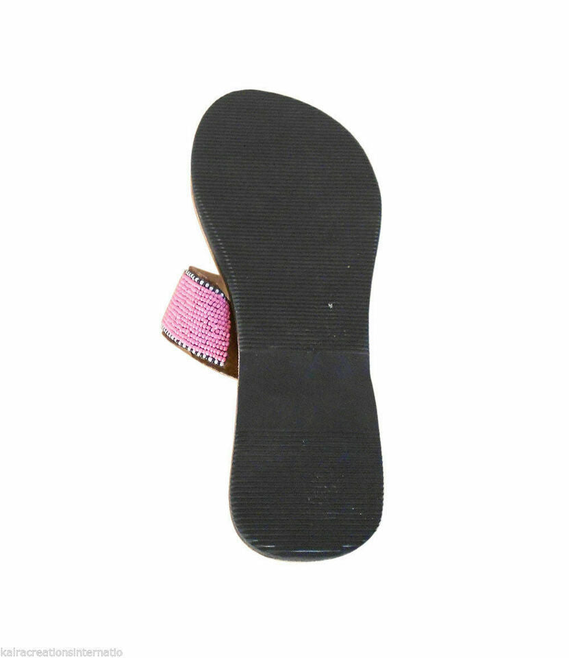Women Slippers Indian Jutties Ethnic Handmade Cream With Pink Mojaries Beaded Slip-Ons Flip-Flops Flat US 6-9