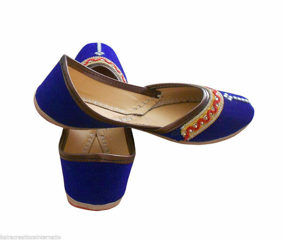 Women Shoes Indian Handmade Jutties Leather Blue Ballerinas Flat Mojaries Flip-Flops US 5/6