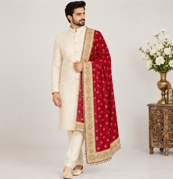 Groom Sherwani Dupatta Red Silk Wedding Stole