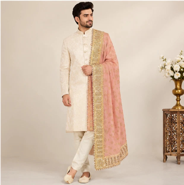 Groom Sherwani Dupatta Peach Silk Wedding Stole