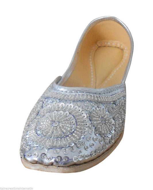 By Kalra Creations Women Shoes Indian Handmade Leather Jutties Wedding Mojaries Sliver Flip-Flops Flat US 4-12