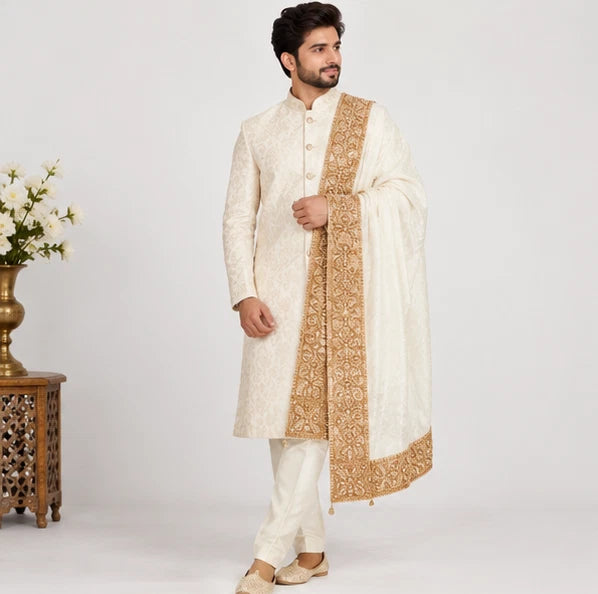 Men Silk Stole Indian Traditional Scarves White Wedding Groom