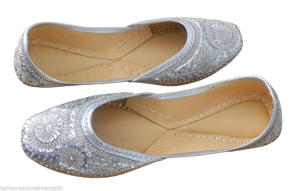 Women Shoes Indian Handmade Leather Jutties Wedding Mojaries Sliver Flip-Flops Flat US 4-12