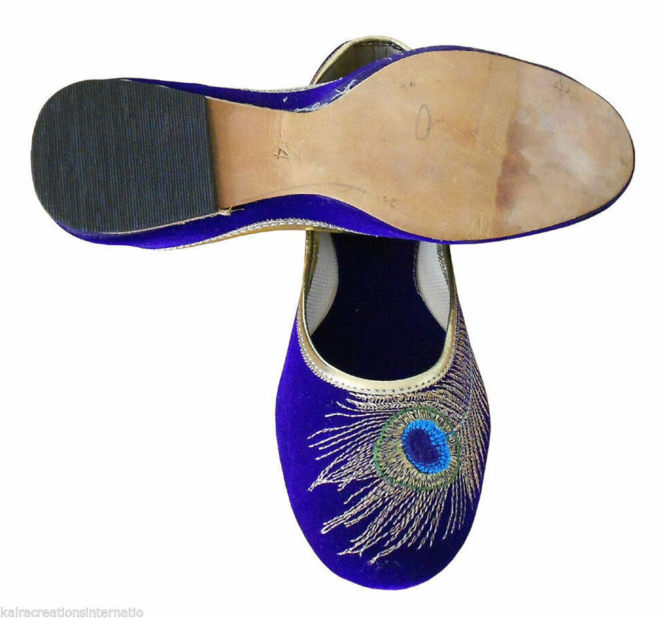 By Kalra Creations Women Shoes Indian Khussa Ethnic Jutties Handmade Blue Mojaries Peacock Print Flip-Flops US 5-10