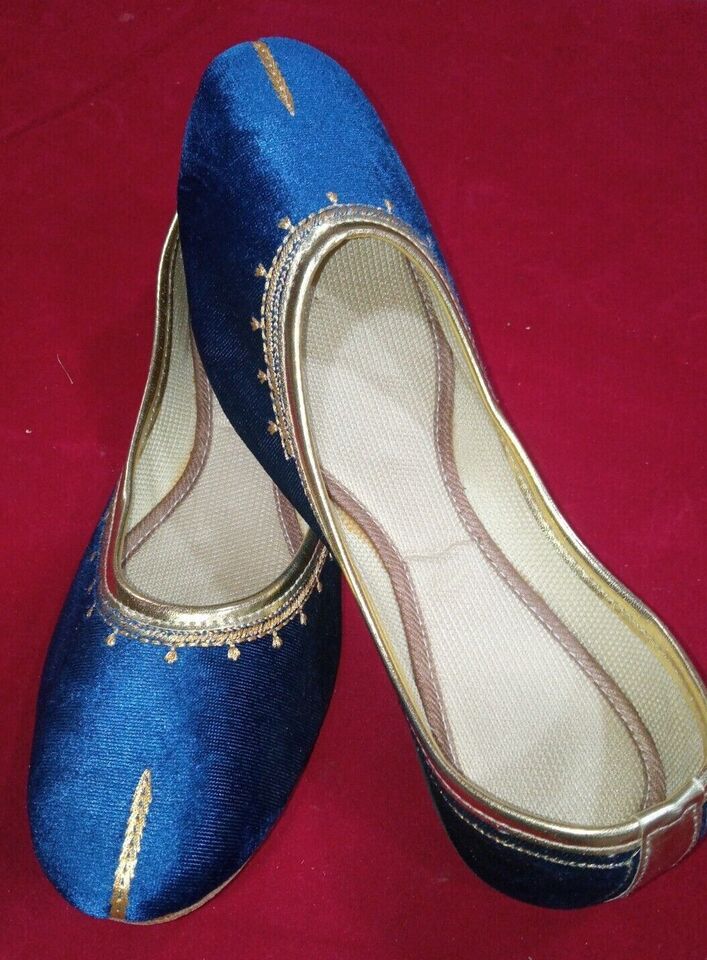 Women Shoes Indian Jutties Handmade Velvet Leather Casual Mojaries Sky Blue Flip-Flops Flat US 6-10