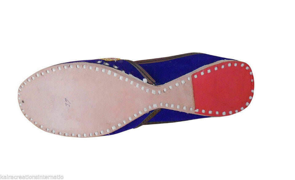 Women Shoes Indian Handmade Jutties Leather Blue Ballerinas Flat Mojaries Flip-Flops US 5/6