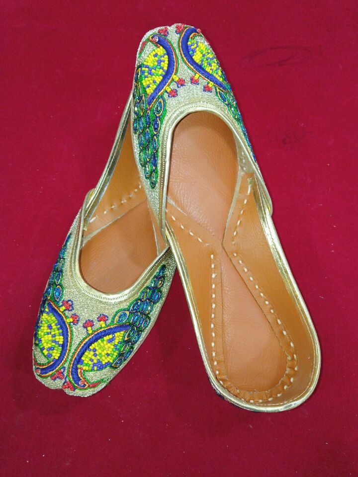 Women Shoes Indian Traditional Mojaries Handmade Khussa Leather Jutties Flip-Flops Flat US 8