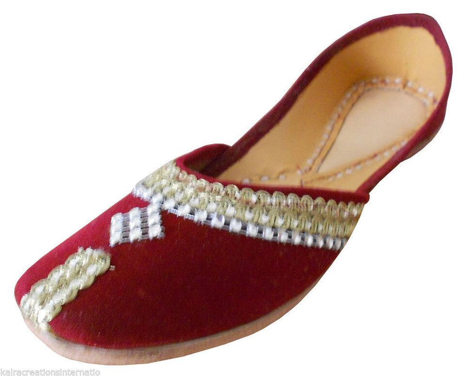 Women Shoes Indian Handmade Jutties Traditional Leather Mojaries Ballerinas Maroon Flip-Flops Flat US 4