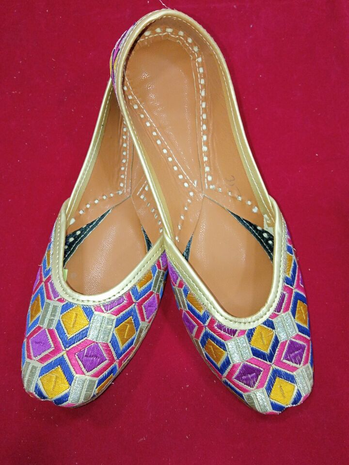 Women Shoes Indian Punjabi Mojaries Handmade Khussa Leather Jutties Flip-Flops Flat US 5.5/6.5
