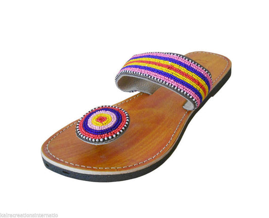 By Kalra Creations Women Slippers Indian Clogs Handmade Leather Mojaries Traditional Beaded Flip-Flops Flat US 6/7