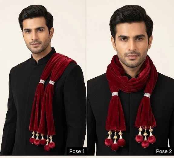 Groom Sherwani Dupatta Maroon Velvet Wedding Stole