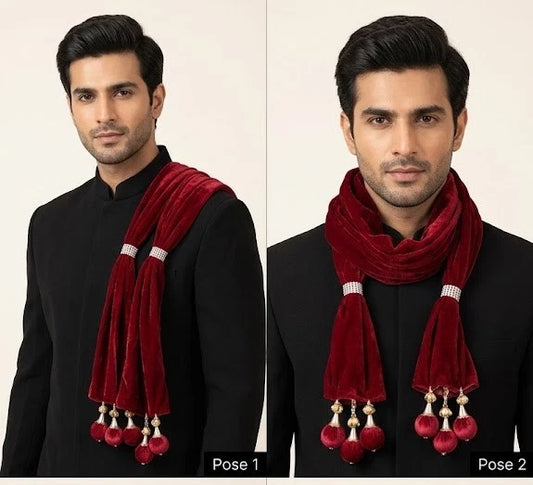 Groom Sherwani Dupatta Maroon Velvet Wedding Stole