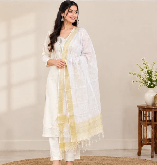 Wedding Dupatta White & Golden for Women Bridal Silk