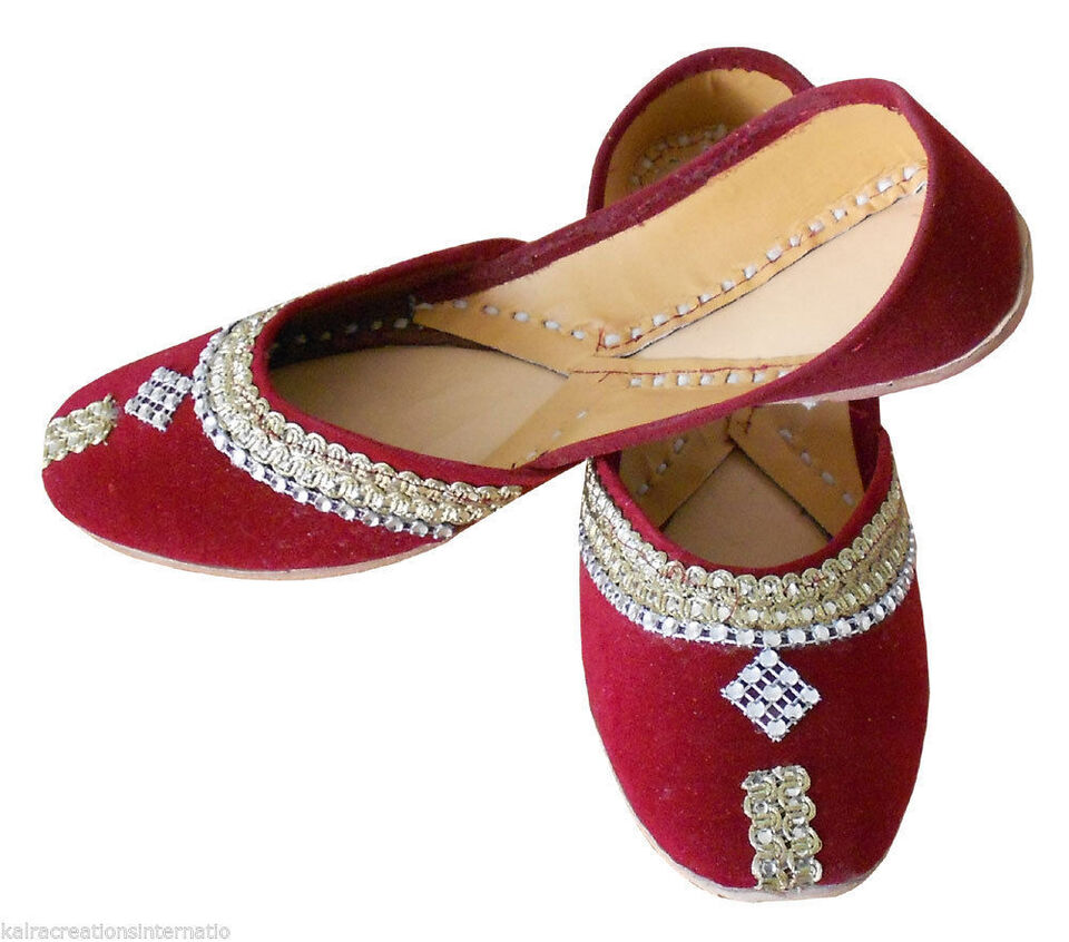 Women Shoes Indian Handmade Jutties Traditional Leather Mojaries Ballerinas Maroon Flip-Flops Flat US 4