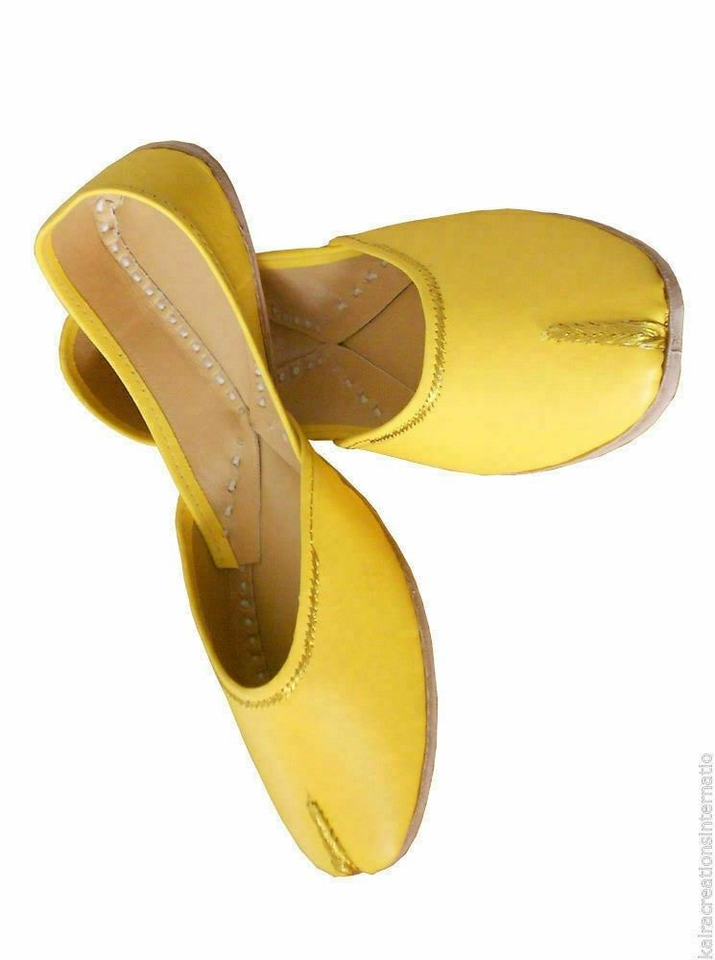 Women Slippers Indian Handmade Traditional Clogs Yellow Flats Open Jutties Flip-Flops Flat US 10