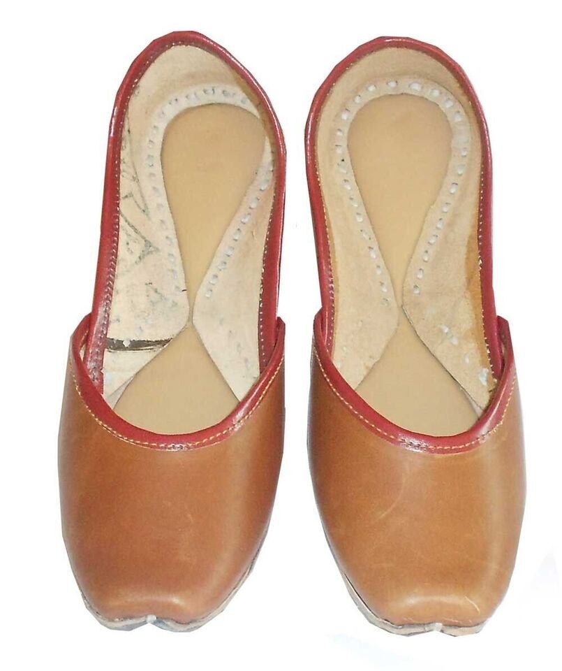 Women Shoes Indian Handmade Jutties Traditional Brown Leather Mojaries Ballerinas Flip-Flops Flat US 5