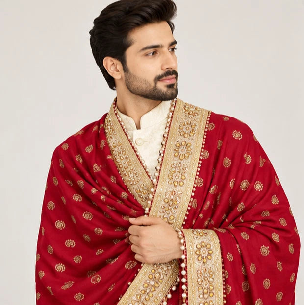 Groom Sherwani Dupatta Red Silk Wedding Stole