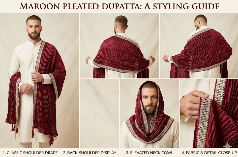 Groom Sherwani Dupatta Maroon Silk Wedding Stole