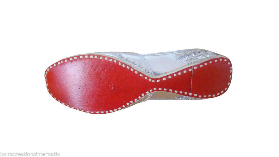Women Shoes Indian Handmade Leather Jutties Wedding Mojaries Sliver Flip-Flops Flat US 4-12