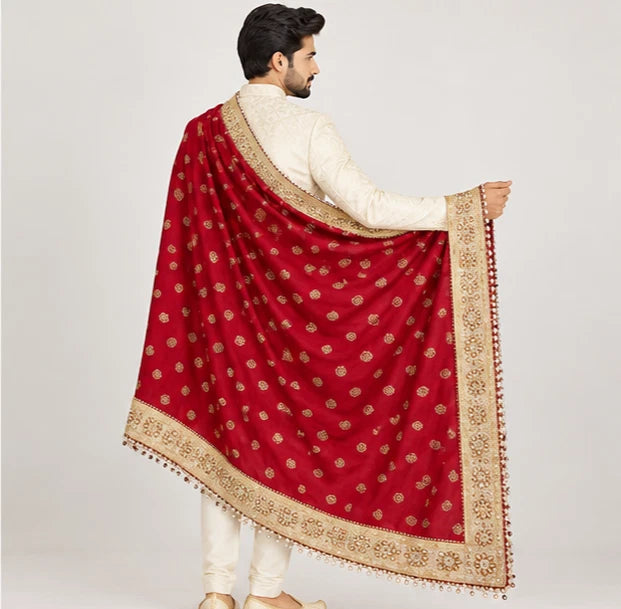 Groom Sherwani Dupatta Red Silk Wedding Stole