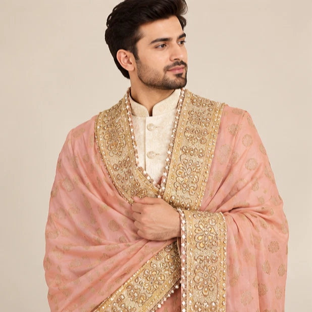 Groom Sherwani Dupatta Peach Silk Wedding Stole